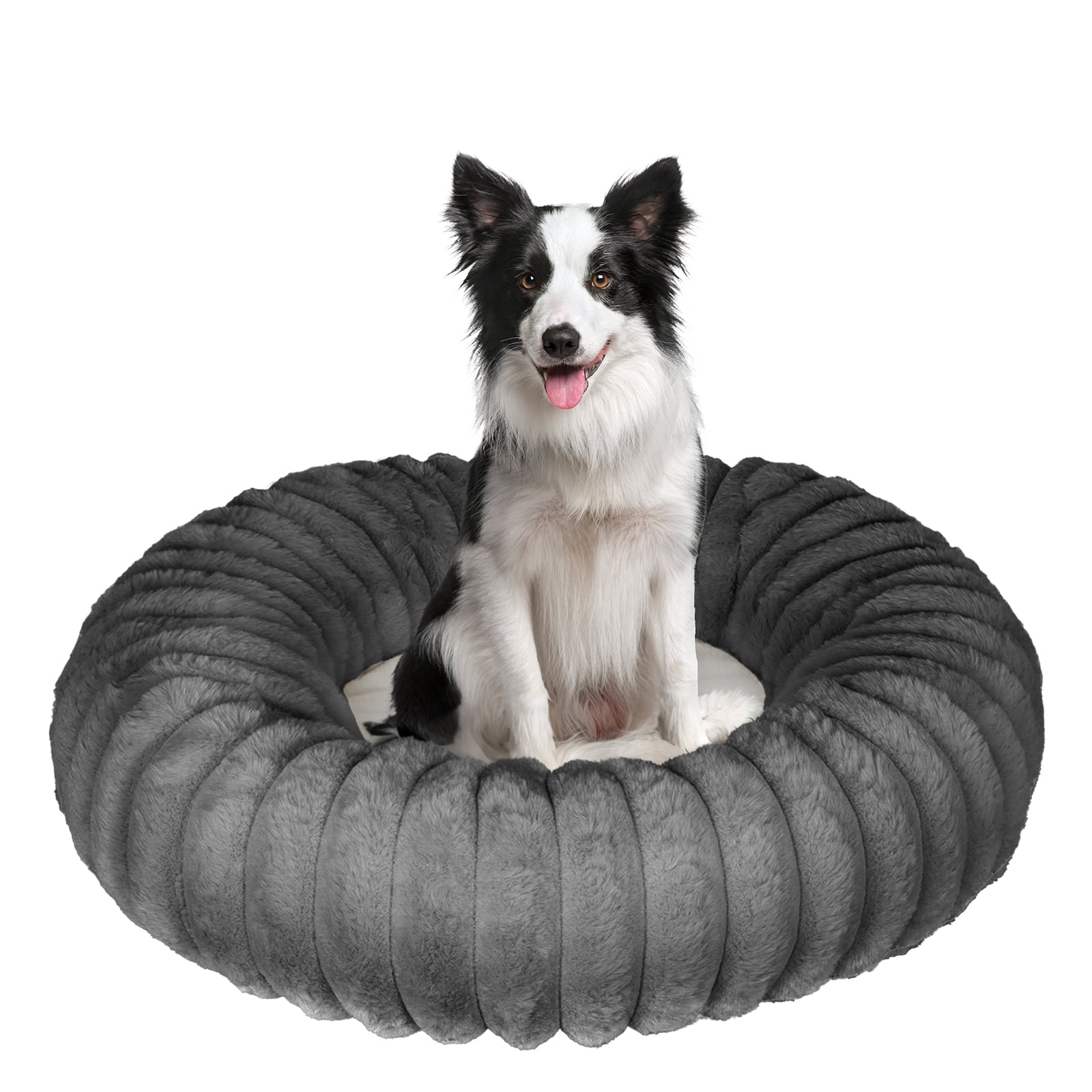 Katieovy Large Donut Dog Beds,Fluffy Calming Dog Beds with Non-Slip Bottomm,32 x 32 inch Washable Round Dog Cat Beds,Dark Gray