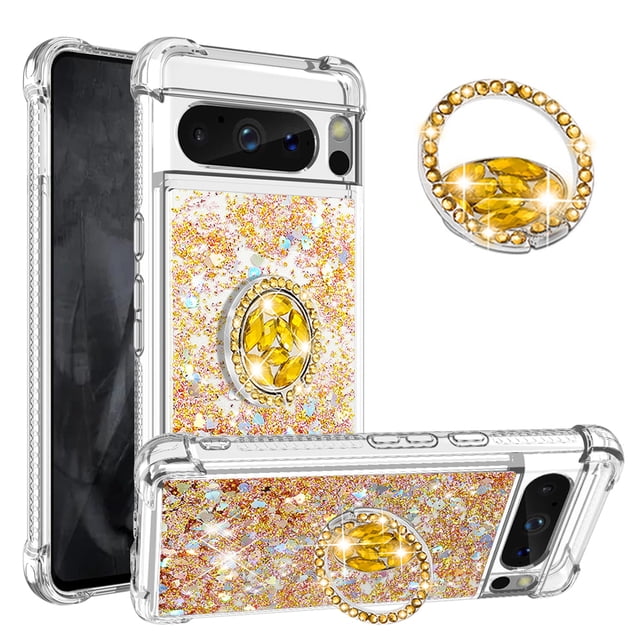 Funda para Google Pixel 8 Pro 5G con Brillo Líquido Flotante, Purpurina, Parachoques y Anillo Giratorio Soporte