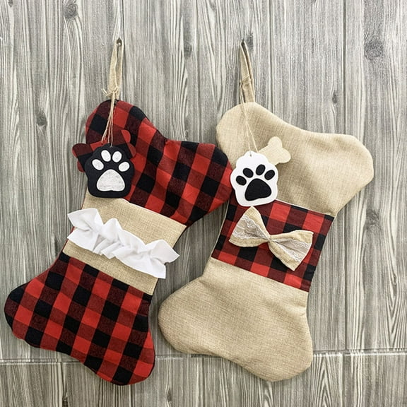 HONMEET 2-Pack Christmas Stocking Decorations, Bone-Shaped Fabric Storage Bags for Holiday Holders