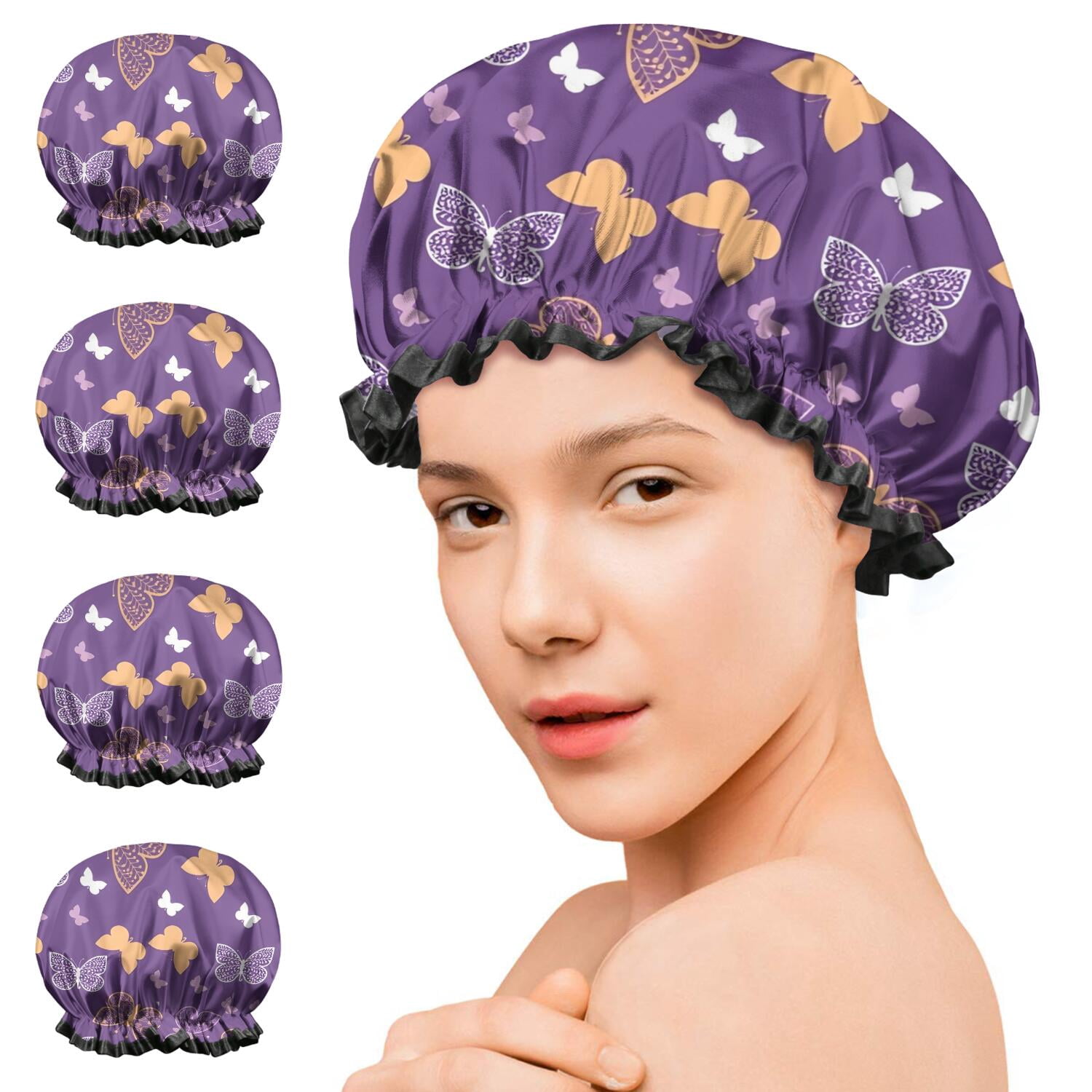 Shower Caps,Purple Orange White Butterfly Pattern Waterproof Shower Cap for Women 4 Pieces,Double Reusable Hair Cover for Shower PEVA Elastic Stretch Hem