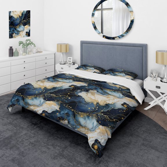 DESIGN ART Designart "Celestial Gold And Blue Marble Pattern" Gold Glam - Bed Cover Set With Shams King