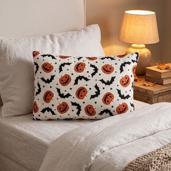 Halloween Pumpkin Ghost Lumbar Pillow Cover, Rectangle Cushion Case with Bat Pattern, Fall Decorative Accent for Sofa, Bed, Chair and Home, Insert Not Included, Seasonal Home Decor, Colorful