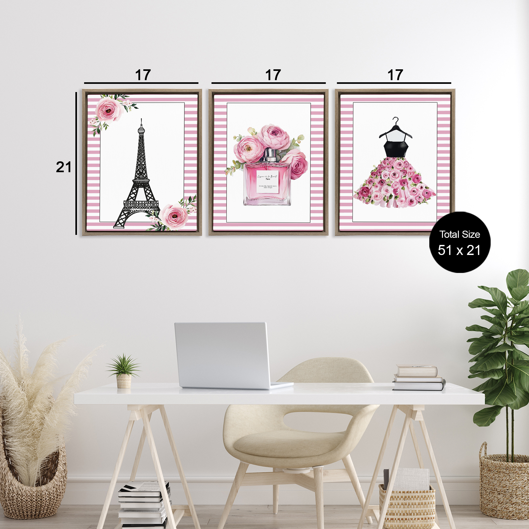 Parisian Glam with Stripes 3 Piece Brown Framed Floater Canvas Set, design by Christine Simpson Art