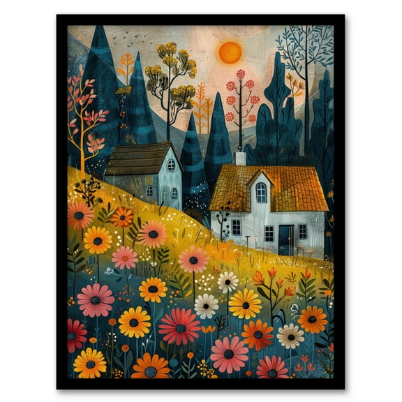 Artery8 Countryside Spring Hill House Daisy Flowers For Living Room Art Print Framed Poster Wall Decor 12x16 inch