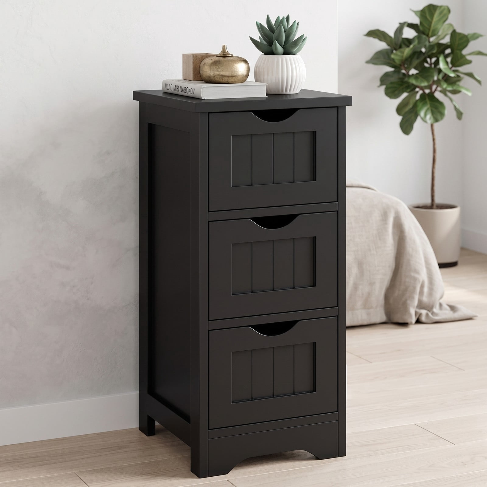 Fenbeli Bathroom Floor Storage Cabinet with 3 Drawers, Freestanding Slim MDF Organizer Tower for Small Bathroom Bedroom, Space-Saving Nightstand Side End Table, Black