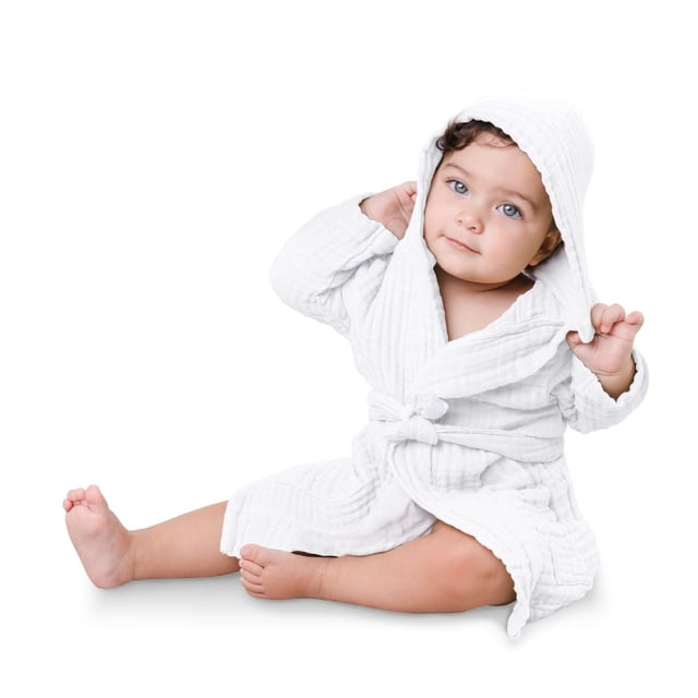 Albornoz de baño para bebé Comfy Cubs, muselina, 100% algodón, 6-12 m, blanco