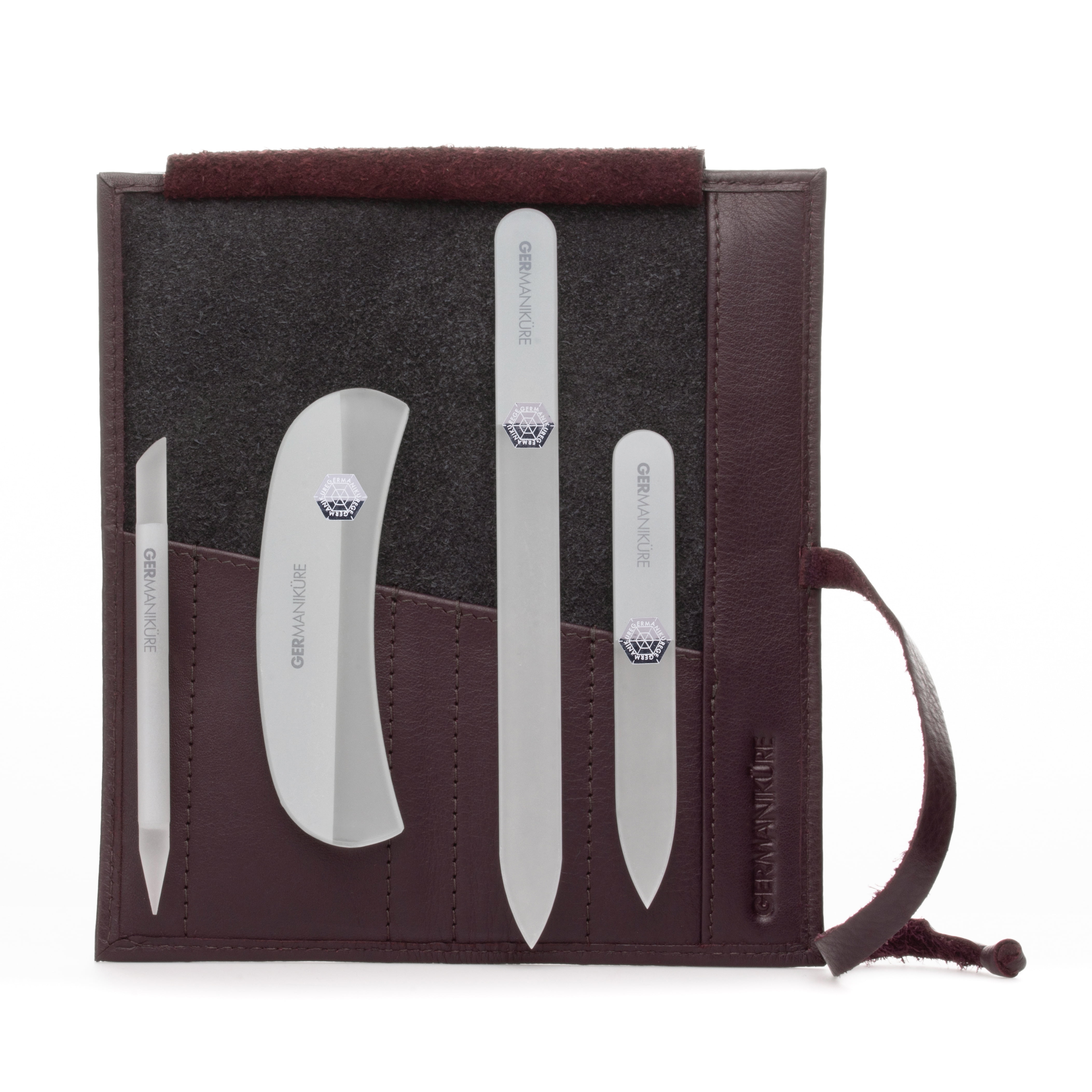 GERMANIKURE Crystal Glass Nail File Set in Eggplant Purple Leather Case