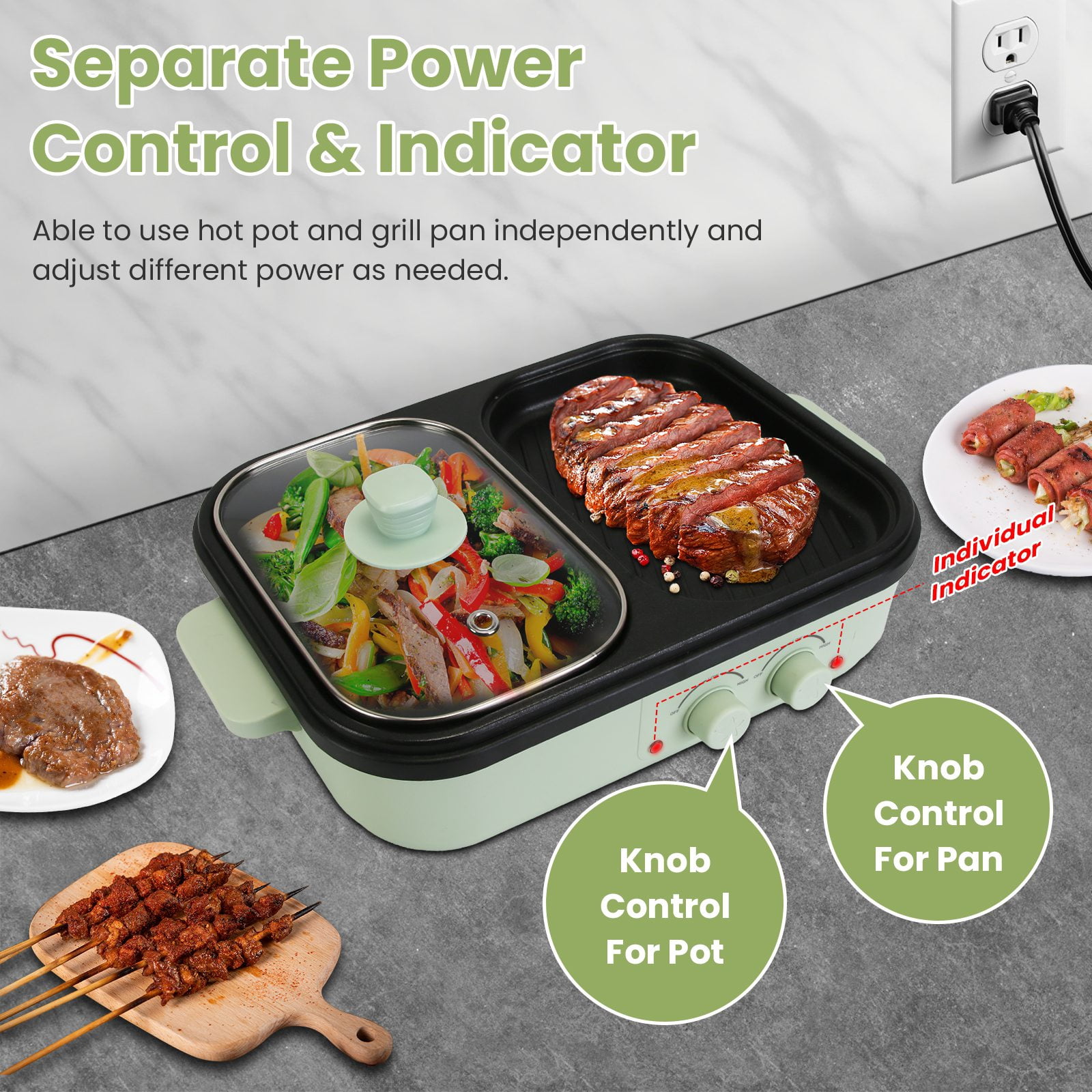 2 In 1 Hot Pot And Grill Combo, Dual Independent Temperature Control Non-Stick Die-Cast Aluminum Cooker, Overheat Protection Small Appliance For 1-2 People Dorm Kitchen Household Use