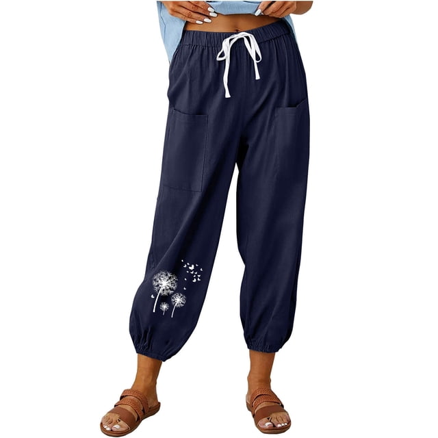 Diufon Womens Cotton Linen Pants Elastic Waist Drawstring Pants Printed Lounge Pants with Pockets