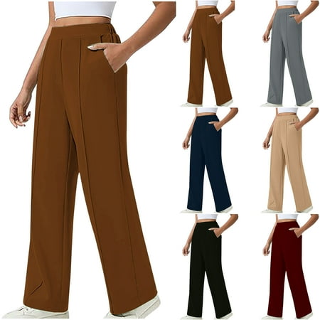Oksale Straight Leg Pants for Women Trendy Pleated Athletic Pants with Pockets Elastic High Waisted Pants for Going Out Wine L