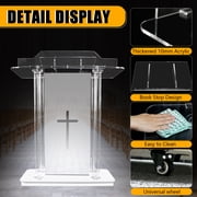 Vakiorn Acrylic Church Pulpit 43 Inch with 4 Wheels 15 Colors RGB Light 4 Flashing Modes Vertical Reading Platform for Classroom Office Clear