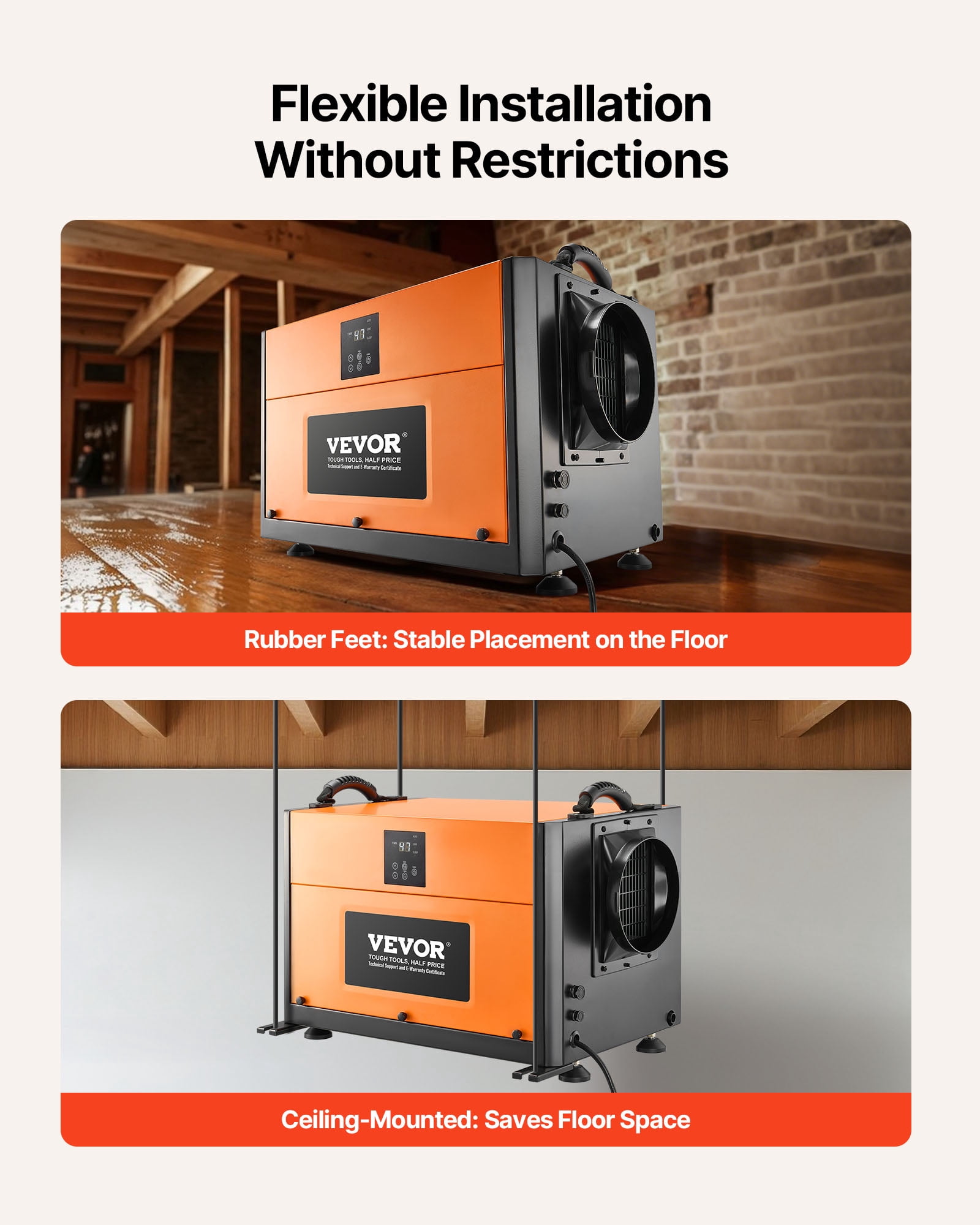 VEVOR 156 Pints Commercial Dehumidifier with Drain Hose, Portable Crawl Space Dehumidifiers for Basement Storage Room Industrial Grade,Auto Defrost/Drainage,Heavy-duty Galvanized Steel,LED Indicate