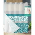 thumbnail image 2 of No Hook Shower Curtain with Snap-in Liner, Teal Floral Waterproof Fabric Bathroom Curtains, Botanical Blossom Motif Boho Grey Stripes Bath Curtains & Mesh Top Window 66"x72", 2 of 6