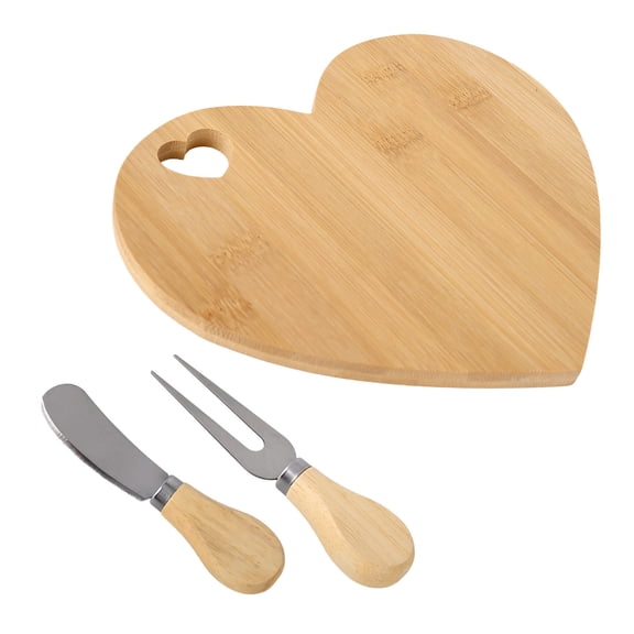 Leodye 1PCS Heart Shaped Wooden Chopping Board Decorative Cheese Bread Serving Board with Knife and fork Set