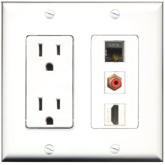 RiteAV - 15 Amp Power Outlet 1 Port HDMI 1 Port RCA Red 1 Port Shielded Cat6 Ethernet Ethernet Decorative Wall Plate