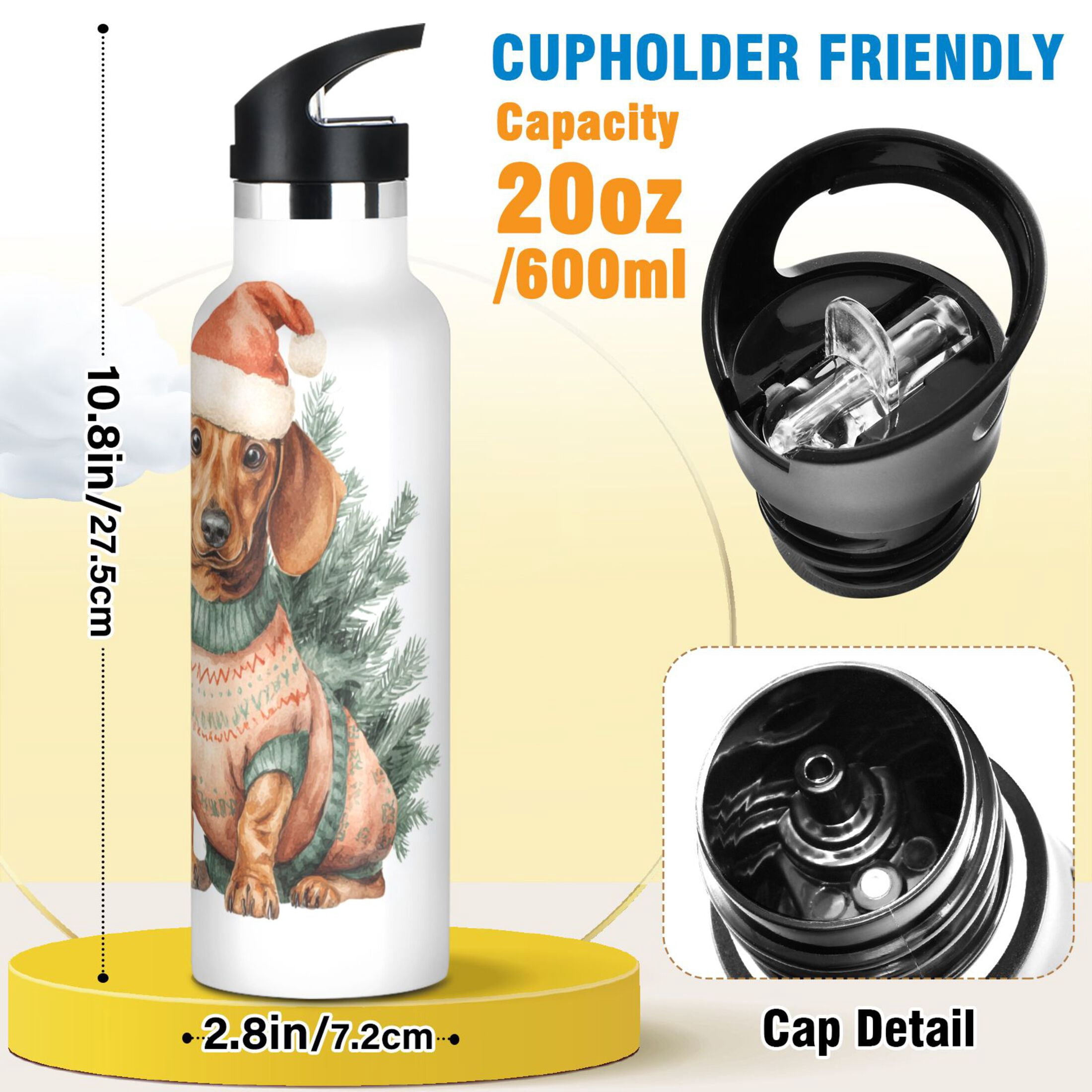 600ML Stainless Steel Insulated Cup Sports Water Bottle Portable Thermos Cup Water Glasses Insulated Tumblers Convenient and Durable Cartoon Christmas Puppy