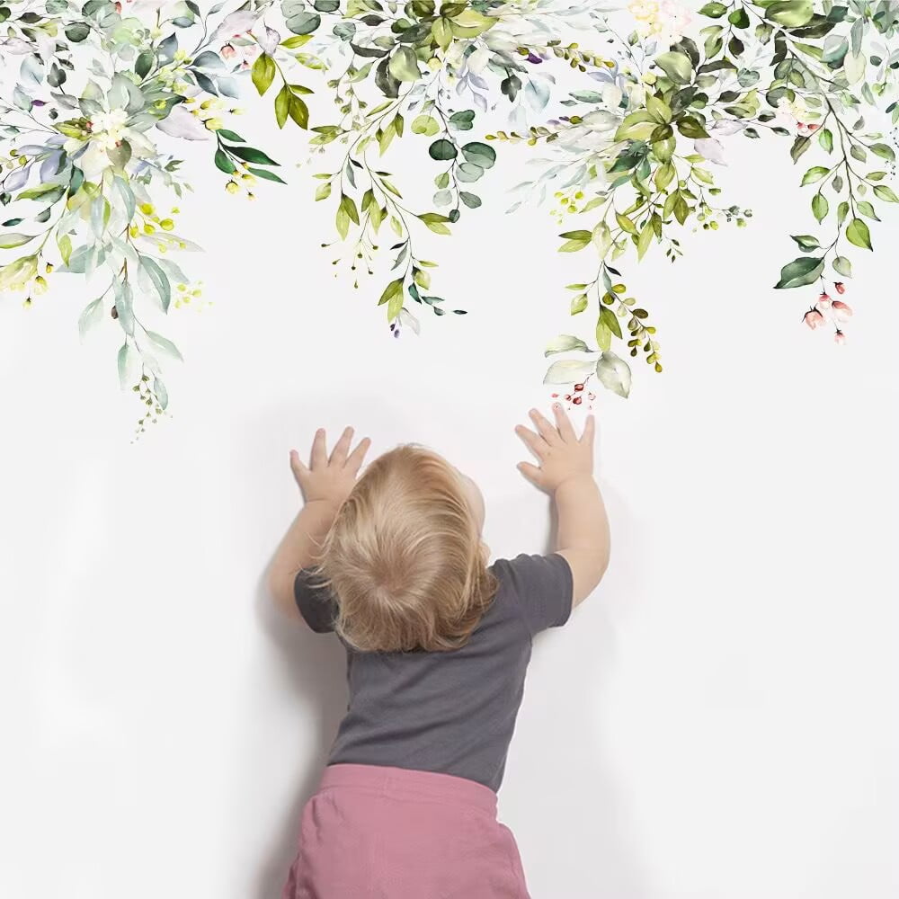 Green Plants Leaves Wall Decals Peel and Stick, Large Floral Flowers Wall Stickers, DIY Removable Vine Home Decor Art for Bedroom Living Room Classroom Office
