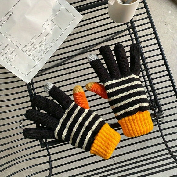 paire de gants chauds en laine épaisse, rétro, Super épais, en polaire, avec mitaine en damier rayé