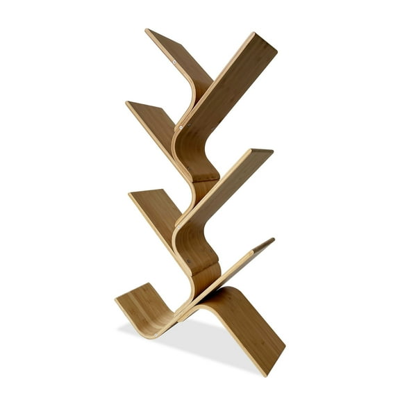 Lisonu Modern Bamboo Bookshelf, 4-Tier Etagere Bookcase with Geometric Diagonal Open Shelves, Freestanding Display Shelf for Living Room or Office, Natural Finish