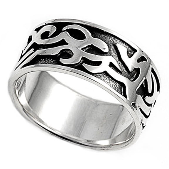Sterling Silver Oxidized Tribal Design Wedding Band 9mm ( Size 7 to 15)