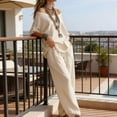 thumbnail image 6 of Sheghy Womens Summer Sets 100%Cotton Women Casual Solid Boho 2 Piece Set Off Shoulder Loose Top & Wide Leg Pants Loungewear Vacation Outfit, 6 of 8