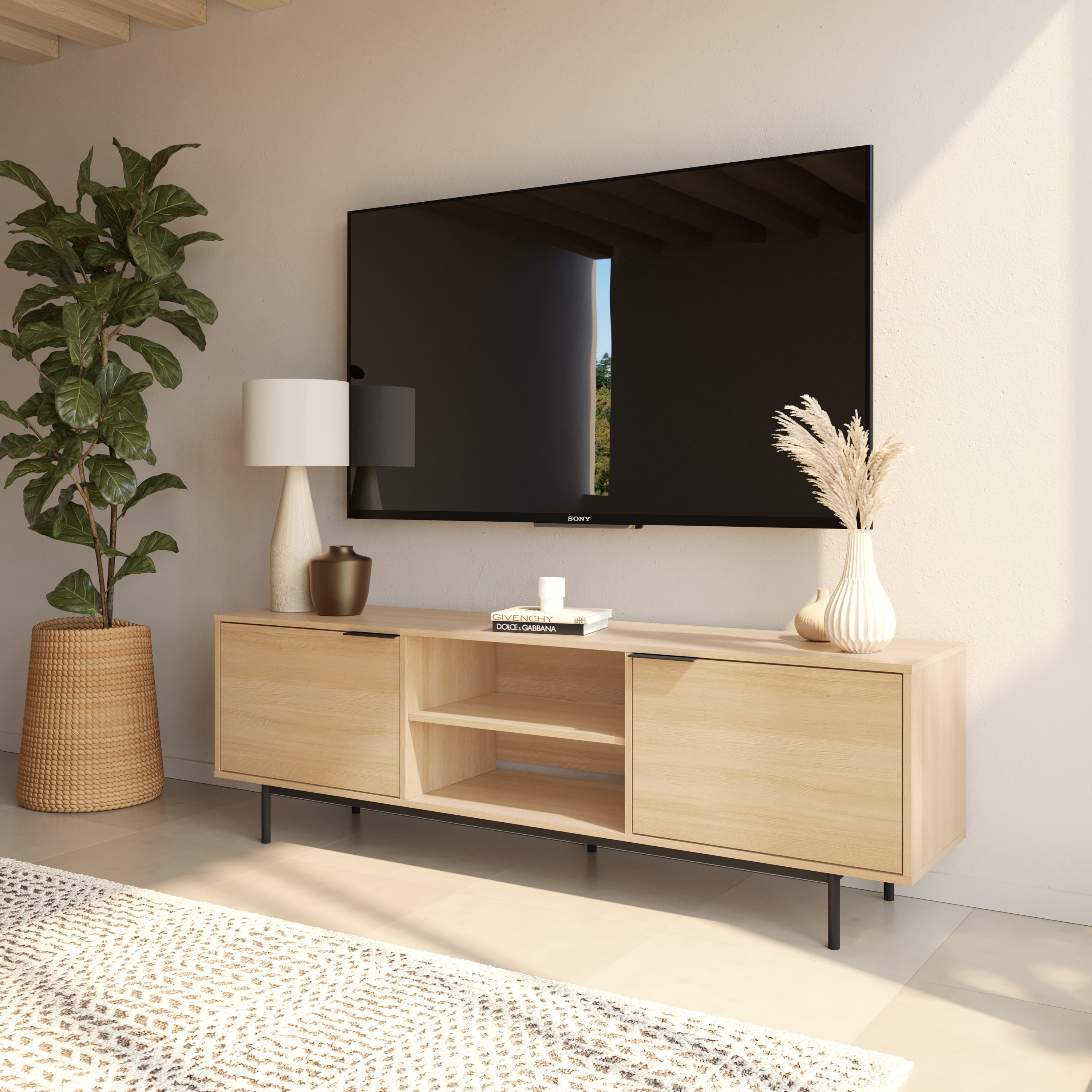 Nexera Hamilton 70 inch TV Stand with 2 Storage Cabinets, Natural Blonde Oak