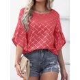thumbnail image 1 of Tops de media manga con volantes para mujer, Camiseta holgada informal con cuello redondo, camisetas con estampado a cuadros a rayas para primavera y verano 2023, 1 of 5