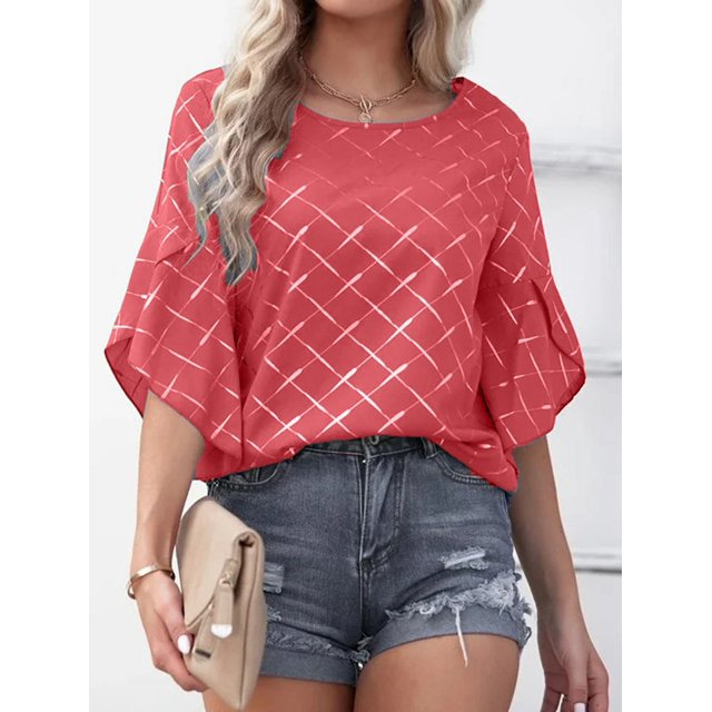 Tops de media manga con volantes para mujer, Camiseta holgada informal con cuello redondo, camisetas con estampado a cuadros a rayas para primavera y verano 2023