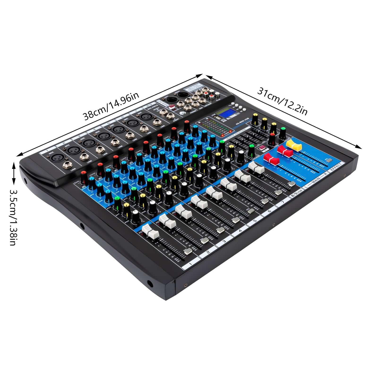 Wildnix Audio Mixer with Five-Band Equalizer, Bluetooth Compatibility, +48V Phantom Power, Four Reverb Effects, Real-Time Monitoring, and Canon Balanced Output