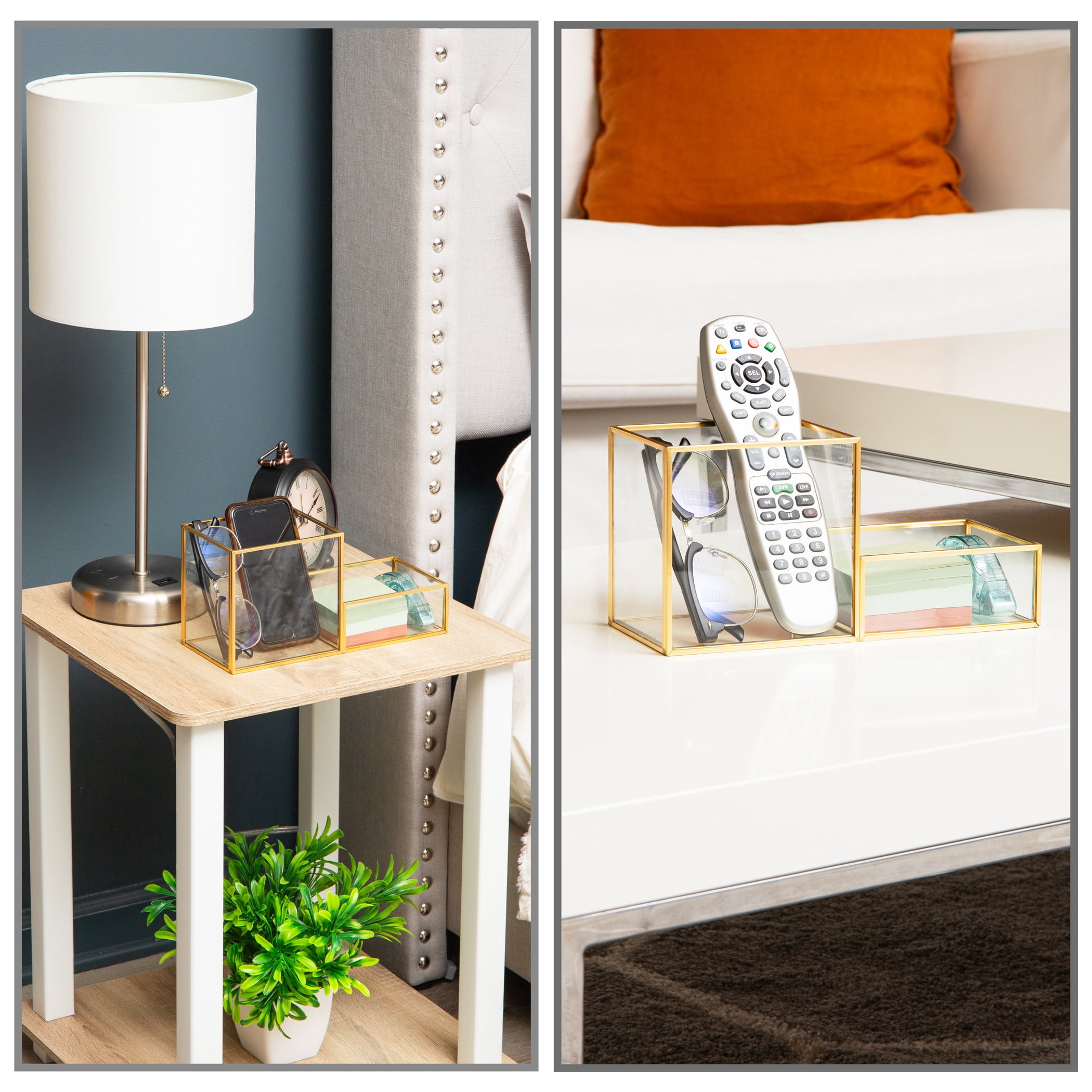 Mind Reader 2-Compartment Glass Catch-All Tray with Copper Trim, Desk Accessory Organizer for Office Supplies, Keys & Small Items, Glass and Copper, Clear