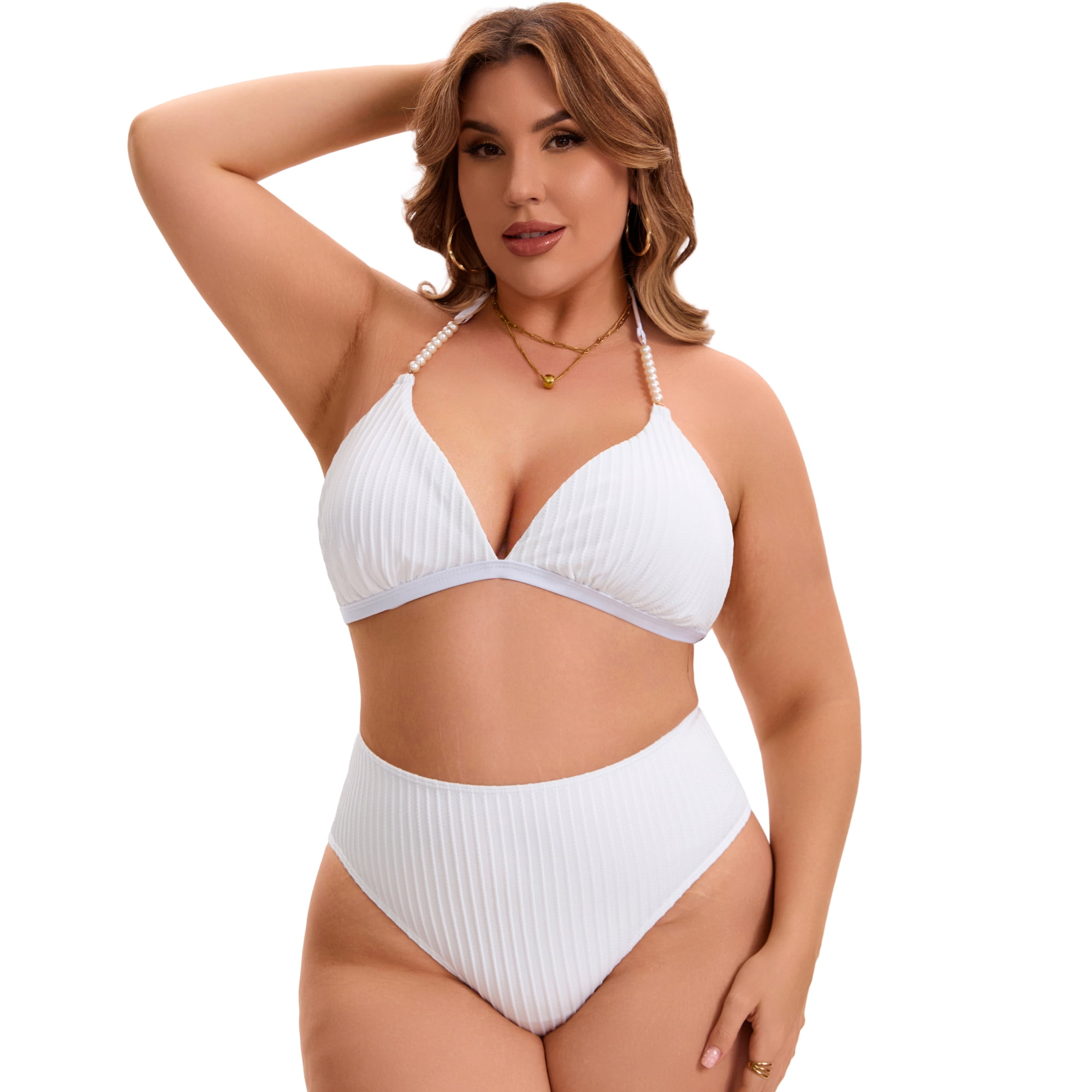 DARING DIVA Women's Plus Ribbed Halter Pearl Strap Top High Waisted Shorts 2X White
