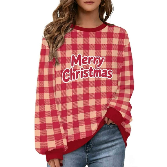 Diufon Christmas Sweatshirts for Women Plus Size Cute Graphic Plaid Sweatshirt Oversized Color Block Pullover Tops