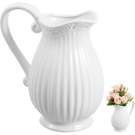 Ceramic Pitcher Vase 8 Inch Vintage Rustic Porcelain French Pitcher Jug Milk Can Decorative Bouquet Holder White Pots Dried Floral Arrangement Household Wedding Supplies