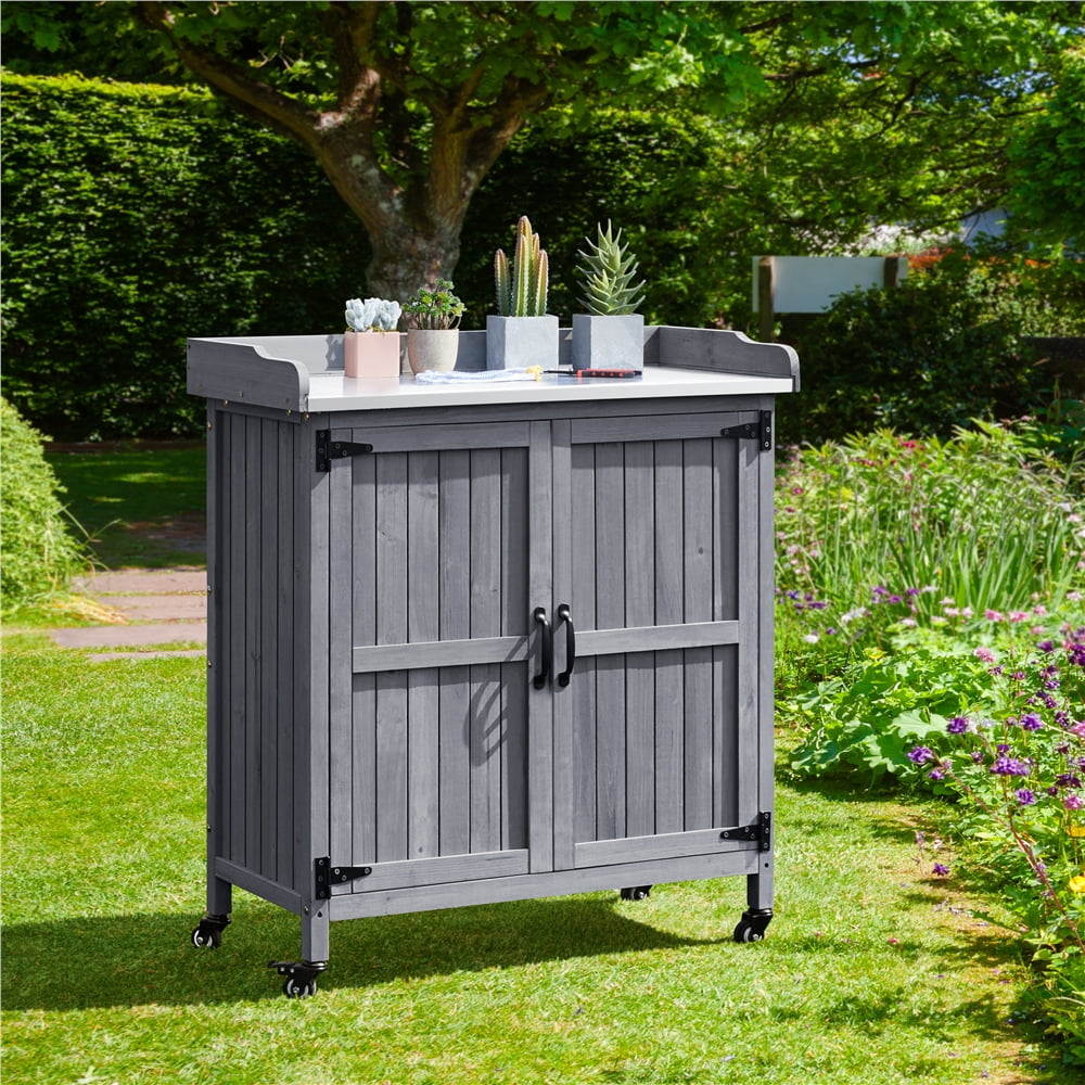 Renwick Rolling Garden Potting Bench Table with Locking Casters, Gray