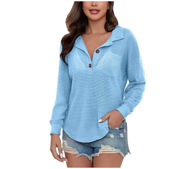 Wdfiry Women's Solid Color V-Neck Tops Button Long Sleeve Pullover Tops with Curved Hem Casual Relaxed Fit Basic Shirts