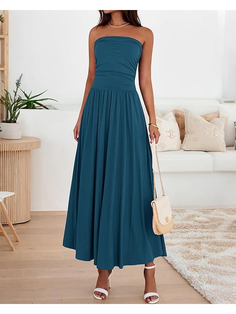 strapless dress for beach wedding guest BTFBM Summer Maxi Dresses Women Ruched Tube Top Vacation Spring Pockets The Jayne Dress
