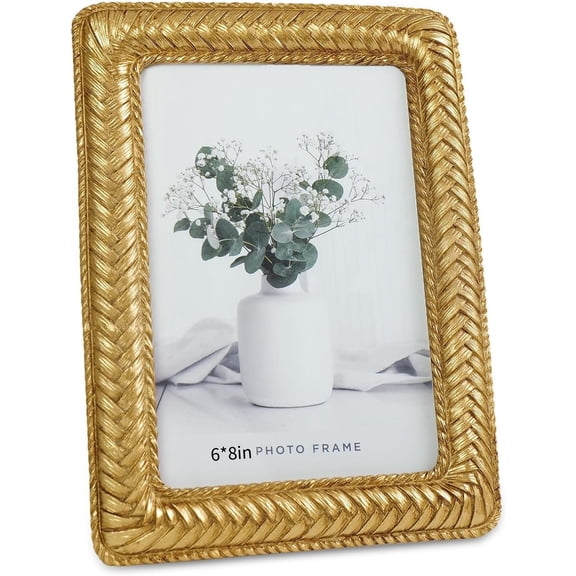 6x8 Gold Picture Frame, Ornate Decorative Rattan Resin Photo Frame, Gold Frames Braided Design for Tabletop Display or Wall Hanging, Elegant Home Decor