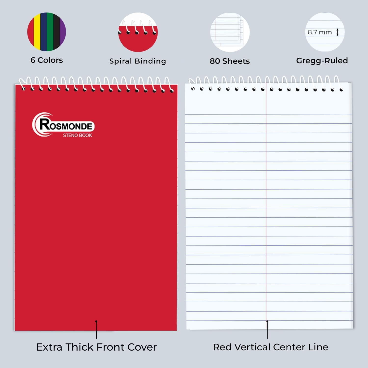 Rosmonde Spiral Steno Pads 48 Pack, 6 x 9 in, Gregg Ruled, 80 Sheets (160 Pages), Top Spiral Notebook, Assorted Covers, Bulk Steno Notebooks for Office, School & College Use