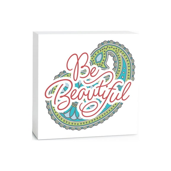 Be Beautiful Lime Mint Paisley 5 x 5 Wood Tabletop Sign Plaque