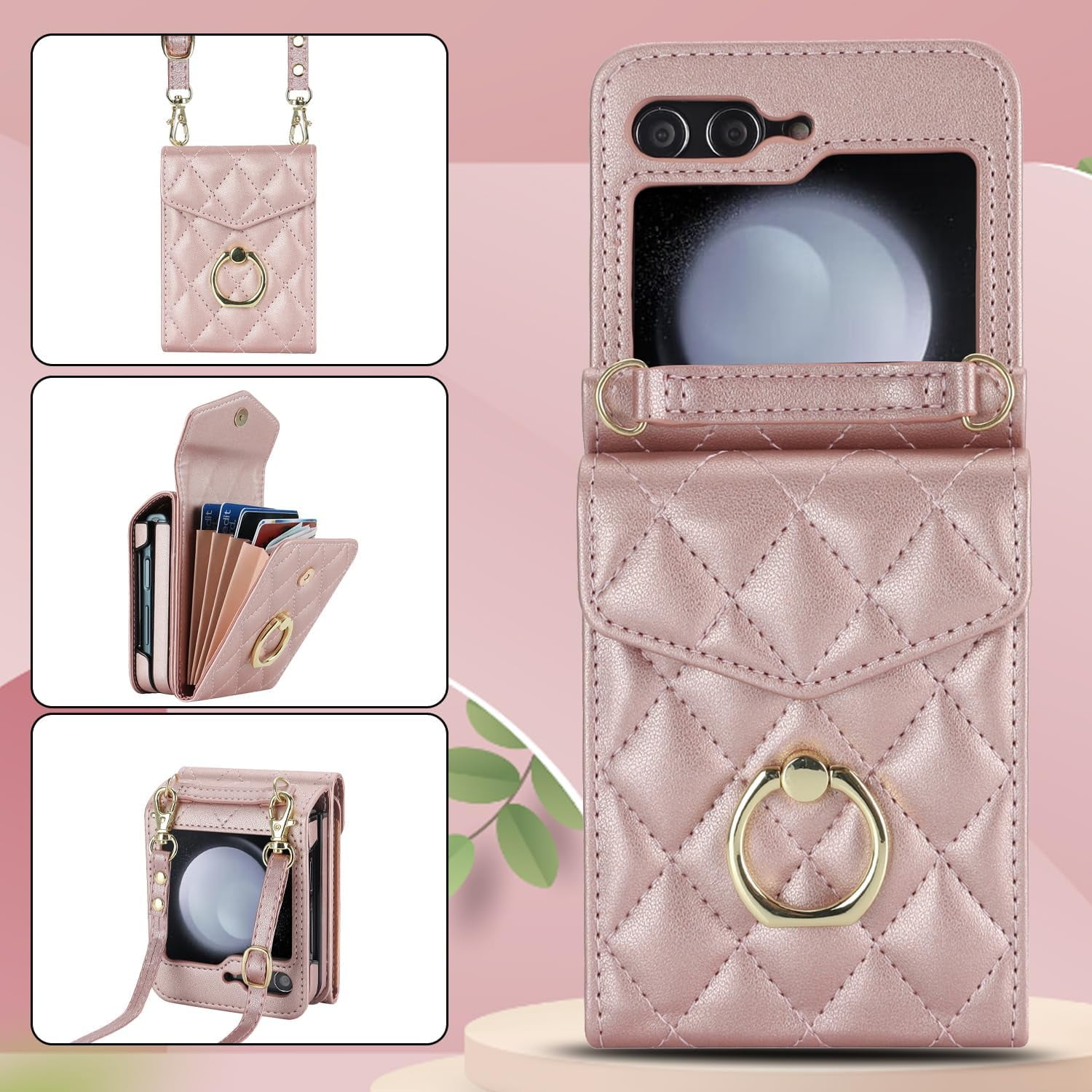 Phone Case for Samsung Galaxy Z Flip 5 5G 2023 Wallet Cover with RFID Blocking Ring Crossbody Wrist Strap Stand Credit Card Holder Leather Cell ZFlip5 Z5 G Flip5 5Z Women Men Girls Rose Gold