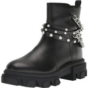 Nine West Cearlz3 Black Leather Zip Closure Chain Detailed Leather Ankle Boots