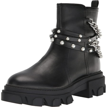 Nine West Cearlz3 Black Leather Zip Closure Chain Detailed Leather Ankle Boots