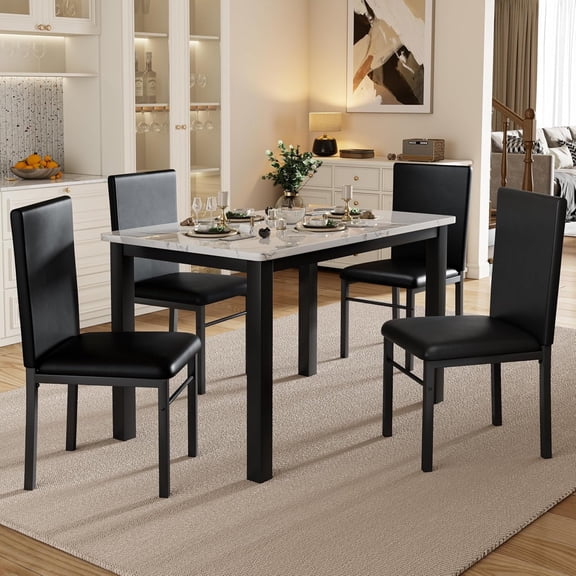 Monteka 5-Piece Dining Table Set for 4|Modern Kitchen & Dining Room Tables with 4 Chairs|Space-Saving Square Table for Small Apartments|Furniture with Metal Frame & MDF Board|White & Black