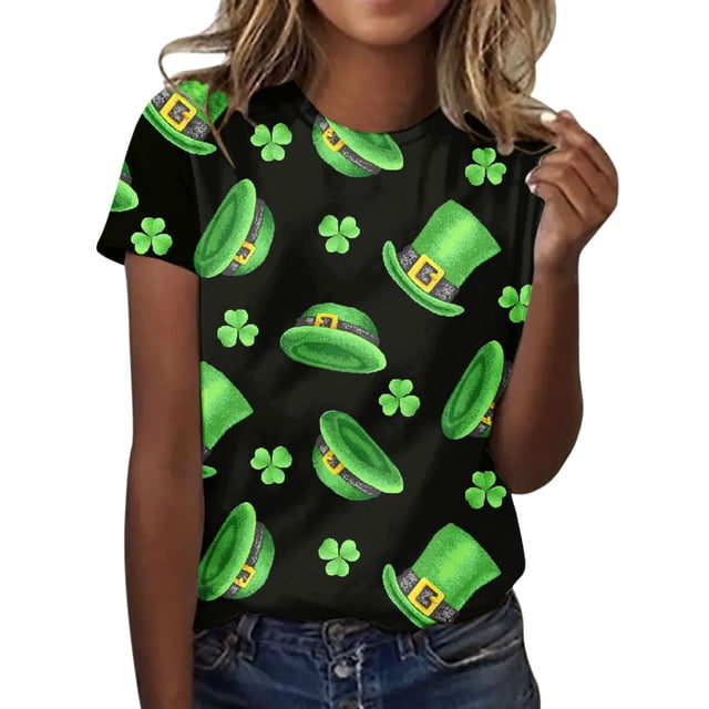 Prolriy T-Shirt de la Saint-Patrick pour Femmes Printemps Col Rond Manches Courtes Imprimé Saint-Patrick T-Shirts Décontractés Amples pour Femmes, Hauts pour Femmes Noir S