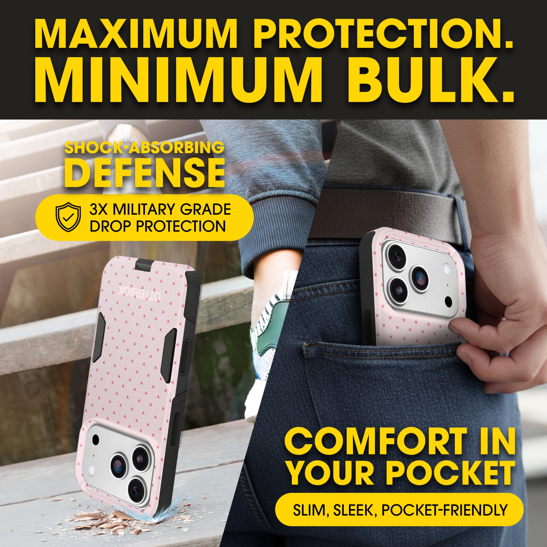 OtterBox iPhone 17 Pro (Only) – Commuter Series Case – Built-In MagSafe – Thin, Dual-Layer, Pocket-Friendly, Port Cover – Love is In the Air (Pink Heart)