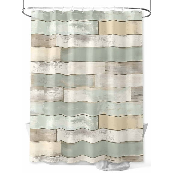 Fsddascl Beige Light Green Shower Curtain Set - 66" x 72" Washable Bathtub Curtain with 12 Hooks, Farmhouse Wooden Striped Waterproof Fabric Stall Shower Curtains for Bathroom/Bathtub Décor