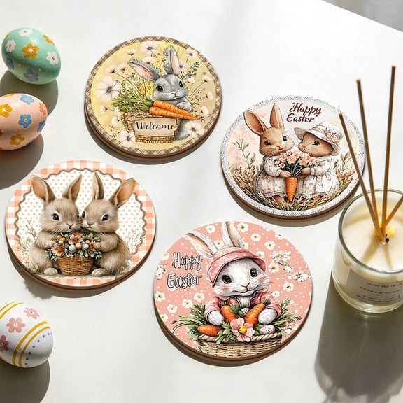 Easter Bunny Wooden Coaster, Heat Resistant Easter Decor Mat for Dining Table and Coffee Cup, Cute Spring Pad of Easter Decorations Outdoor for Tea Cup and Home Table Decor, 3.94in, A