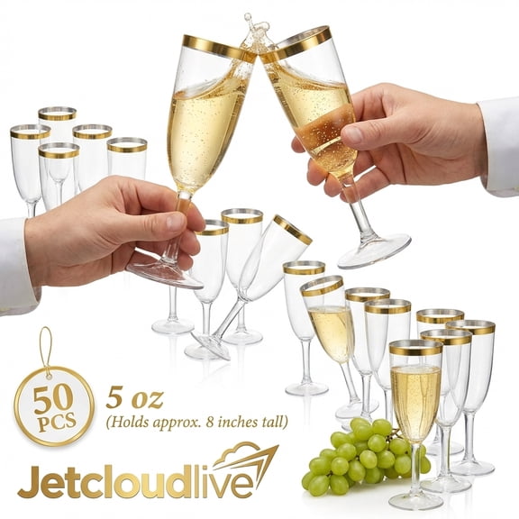 50Pcs Champagne Flutes Glasses PP 5 oz Gold Flute Glasses Unbreakable Clear Champagne Flutes Easy to Clean Tall Champagne Glasses Easy to Grip Mimosa Glasses for Weddings Parties