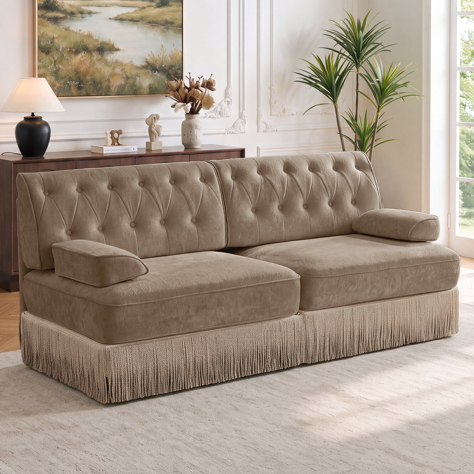 76" Velvet Chesterfield Loveseat Sofa, Button Tufted Design, Tassel Fringe Skirt, Easy to Assemble