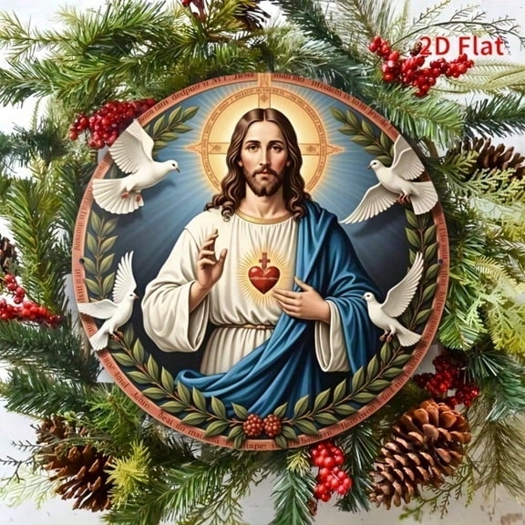 HELLOYOUNG Sacred Heart of Jesus Metal Wall Art 8x8 Inch, 2D Flat Religious Decor with White Doves, Inspirational Home Church Ornament Gift